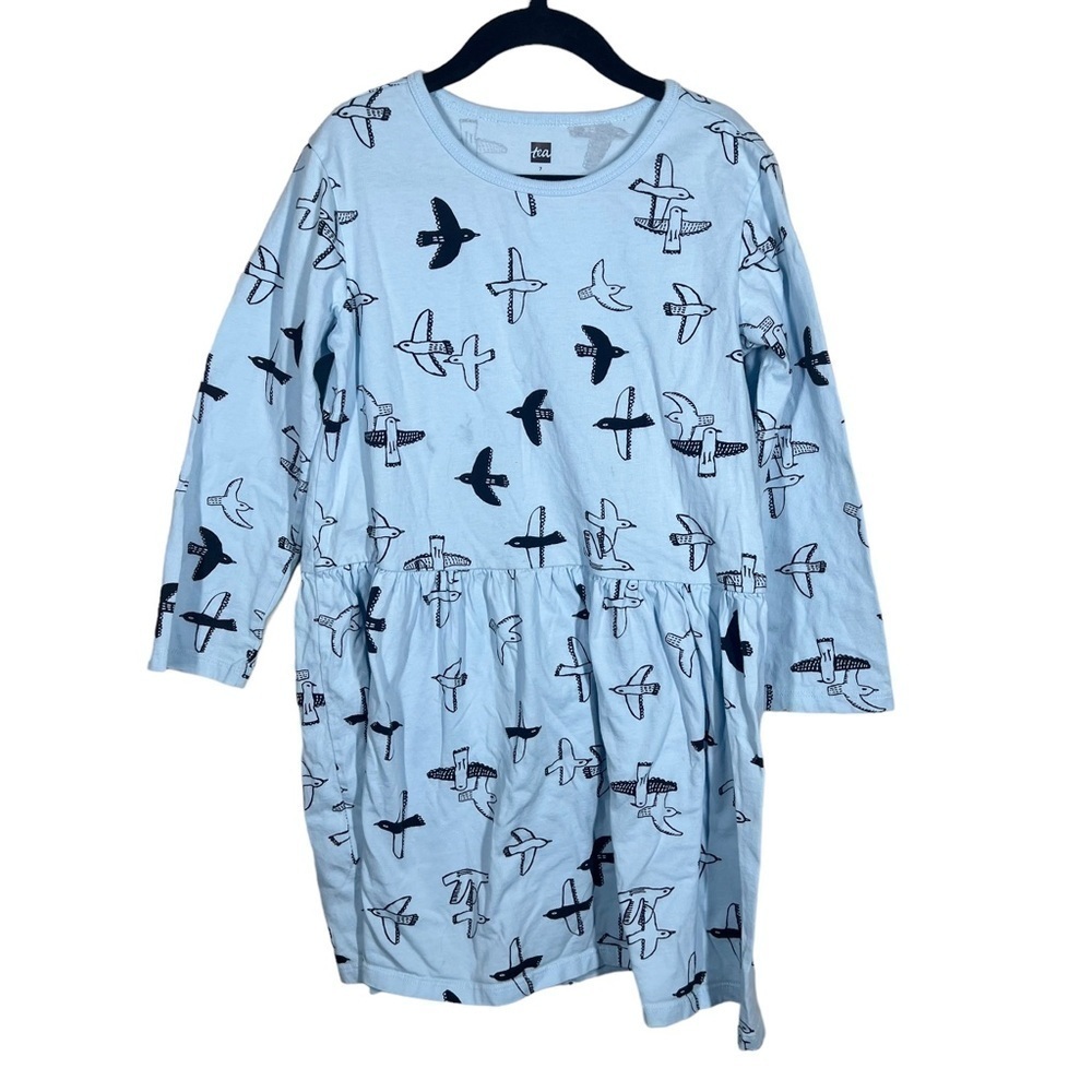 Tea Collection Girls Light Blue Bird Flying Printed Cotton Dress Size 7